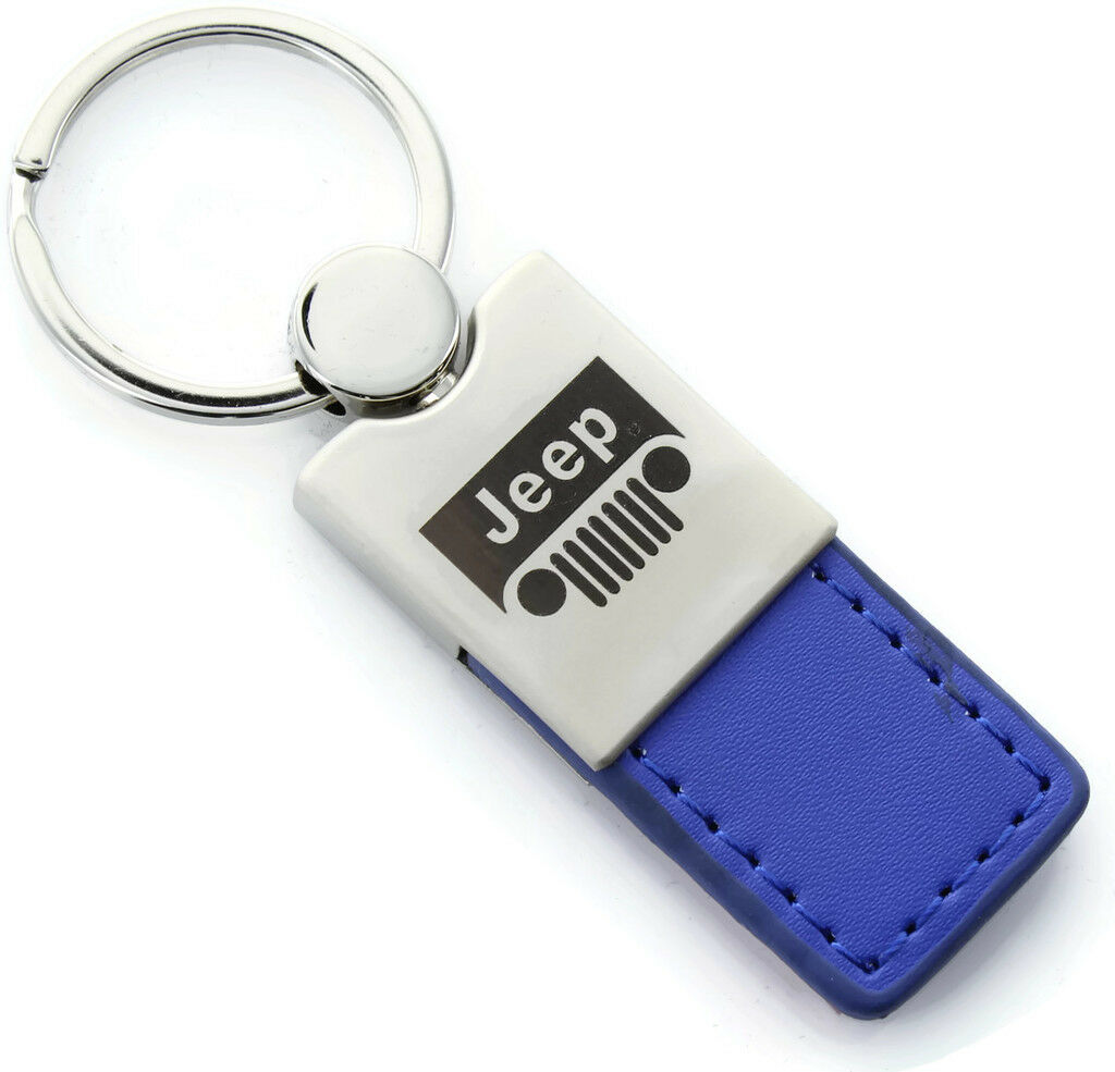 Jeep Grille Blue Leather Long Tab Logo Key Ring - Click Image to Close